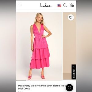 Lulu’s Peak Party Vibe Hot Pink Satin Tiered Tie-Back Midi Dress